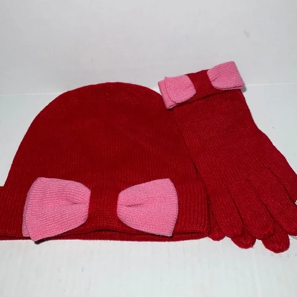 Kate Spade Beanie with Colorblock Bow NWT NWT Womens Kate Spade Beanie Hat And Glove Box Set Red Pink  main image 4